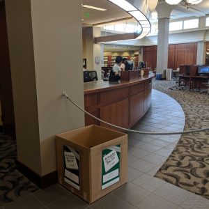Donation box is located next to the Circulation Desk