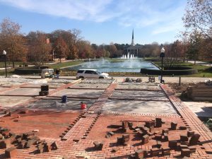 Photo of brick laying in progress outside of the James B. Duke Library