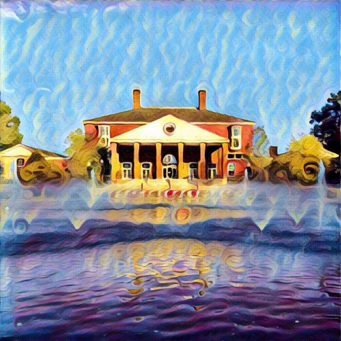 Stylized colorful view of the Duke Library exterior and fountain