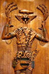 Carved wooden relief depicting Candomble (Afro-Brazilian religion) orisha (divinity figure) by artist Carybe in the Afro-Brazilian museum, Salvador, Bahia