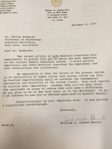 One of the many letters received by Zimbardo praising the Stanford prison experiment and his work towards prison reform.  Courtesy of the Cummings Center for the History of Psychology.  